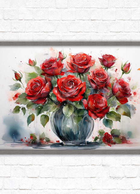 Red Roses in a vase. Framed floral painting. Printed and framed with choice of frame colours