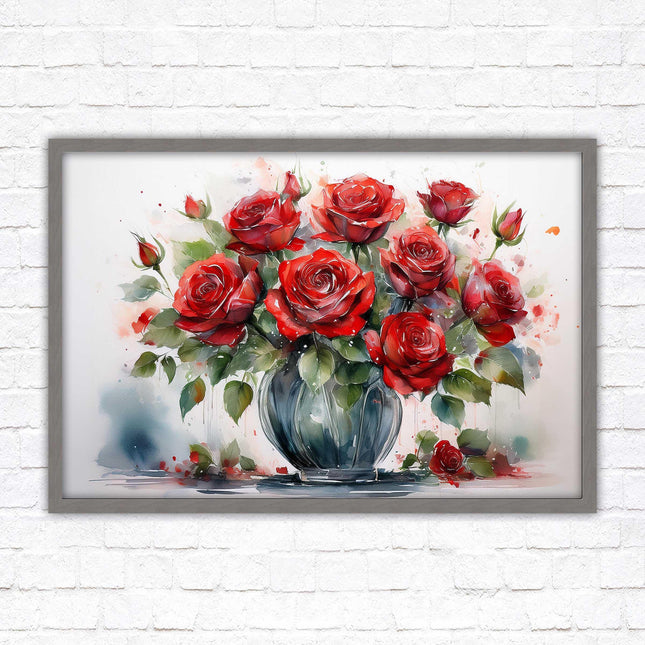 Red Roses in a vase. Framed floral painting. Printed and framed with choice of frame colours