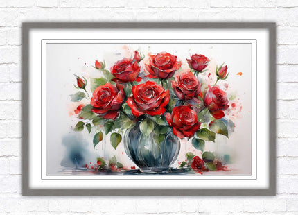 Red Roses in a vase. Framed floral painting. Printed and framed with choice of frame colours