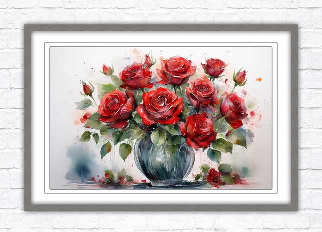 Red Roses in a vase. Framed floral painting. Printed and framed with choice of frame colours