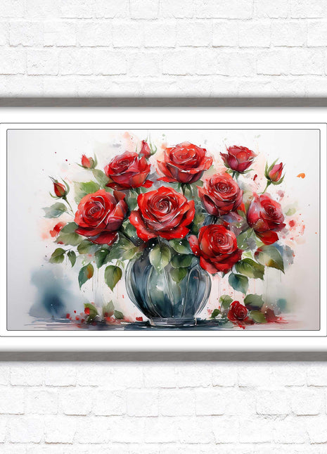 Red Roses in a vase. Framed floral painting. Printed and framed with choice of frame colours