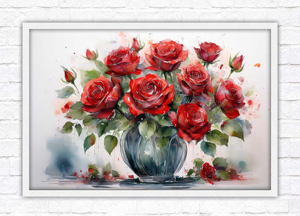 Red Roses in a vase. Framed floral painting. Printed and framed with choice of frame colours