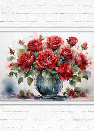 Red Roses in a vase. Framed floral painting. Printed and framed with choice of frame colours
