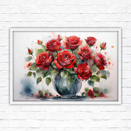 Red Roses in a vase. Framed floral painting. Printed and framed with choice of frame colours