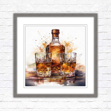 Whiskey bottle and glasses. Painting, Framed picture print. A choice of frames and sizes, square.
