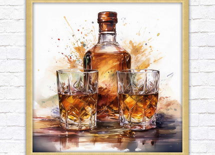 Whiskey bottle and glasses. Painting, Framed picture print. A choice of frames and sizes, square.