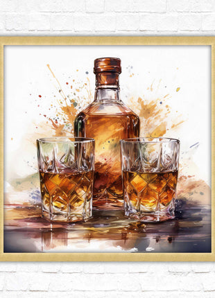 Whiskey bottle and glasses. Painting, Framed picture print. A choice of frames and sizes, square.