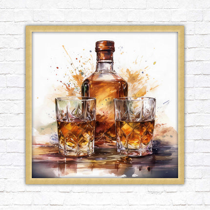 Whiskey bottle and glasses. Painting, Framed picture print. A choice of frames and sizes, square.