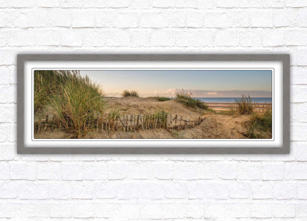 Sand dunes at sunrise. Panoramic framed picture print, beach/coastal scene. A choice of picture frames.