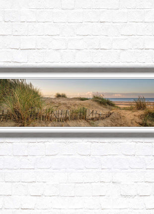 Sand dunes at sunrise. Panoramic framed picture print, beach/coastal scene. A choice of picture frames.
