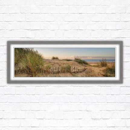 Sand dunes at sunrise. Panoramic framed picture print, beach/coastal scene. A choice of picture frames.