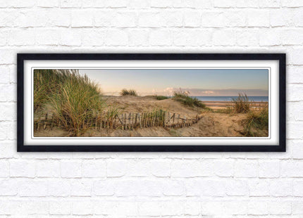 Sand dunes at sunrise. Panoramic framed picture print, beach/coastal scene. A choice of picture frames.