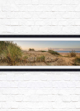 Sand dunes at sunrise. Panoramic framed picture print, beach/coastal scene. A choice of picture frames.