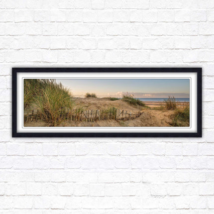 Sand dunes at sunrise. Panoramic framed picture print, beach/coastal scene. A choice of picture frames.