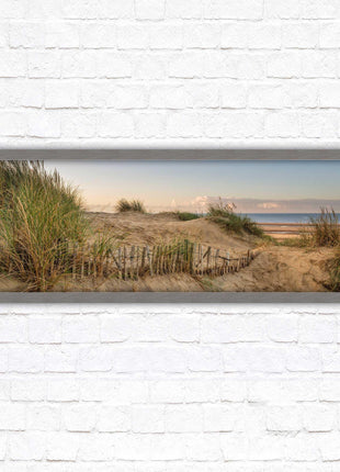 Sand dunes at sunrise. Panoramic framed picture print, beach/coastal scene. A choice of picture frames.