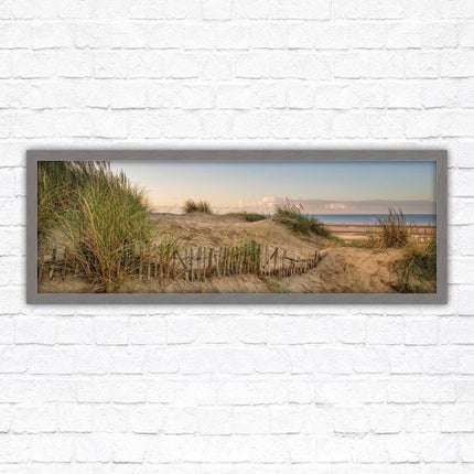 Sand dunes at sunrise. Panoramic framed picture print, beach/coastal scene. A choice of picture frames.