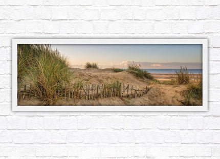 Sand dunes at sunrise. Panoramic framed picture print, beach/coastal scene. A choice of picture frames.