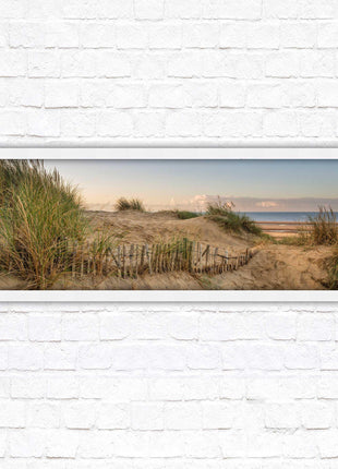 Sand dunes at sunrise. Panoramic framed picture print, beach/coastal scene. A choice of picture frames.