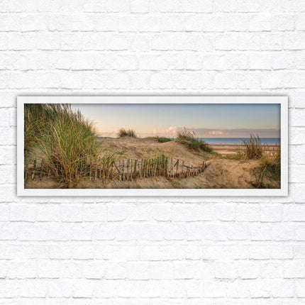 Sand dunes at sunrise. Panoramic framed picture print, beach/coastal scene. A choice of picture frames.