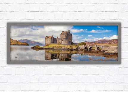 Castle in Scottish Highlands. Framed panoramic picture print, Eilean Donan Castle, Scotland. A choice of picture frames.