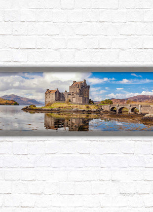 Castle in Scottish Highlands. Framed panoramic picture print, Eilean Donan Castle, Scotland. A choice of picture frames.