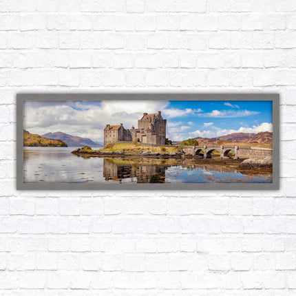 Castle in Scottish Highlands. Framed panoramic picture print, Eilean Donan Castle, Scotland. A choice of picture frames.