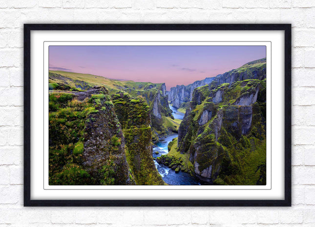 Icelandic canyon at sunset. Framed picture, framed print with a choice of frame colours.