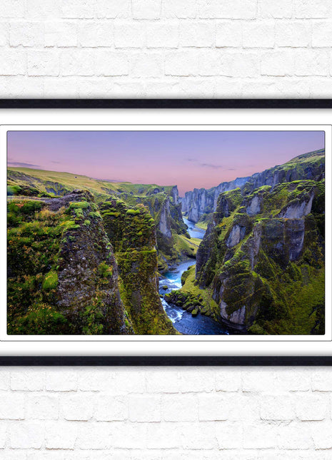 Icelandic canyon at sunset. Framed picture, framed print with a choice of frame colours.