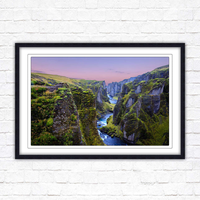 Icelandic canyon at sunset. Framed picture, framed print with a choice of frame colours.