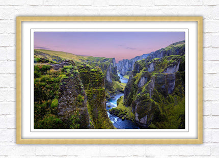 Icelandic canyon at sunset. Framed picture, framed print with a choice of frame colours.