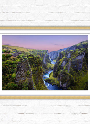 Icelandic canyon at sunset. Framed picture, framed print with a choice of frame colours.
