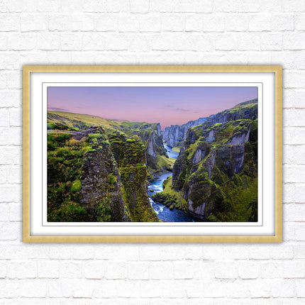 Icelandic canyon at sunset. Framed picture, framed print with a choice of frame colours.