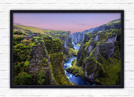 Icelandic canyon at sunset. Framed picture, framed print with a choice of frame colours.