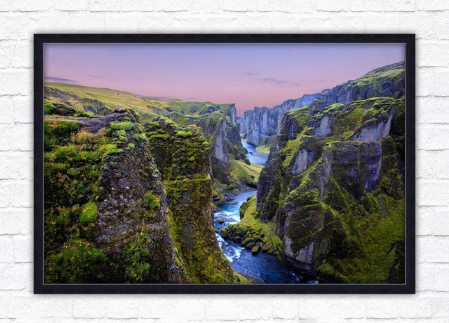 Icelandic canyon at sunset. Framed picture, framed print with a choice of frame colours.