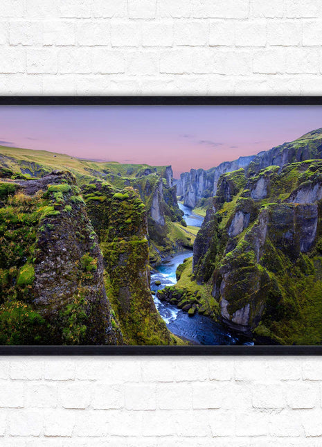 Icelandic canyon at sunset. Framed picture, framed print with a choice of frame colours.