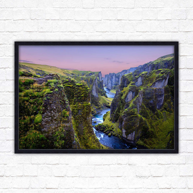 Icelandic canyon at sunset. Framed picture, framed print with a choice of frame colours.