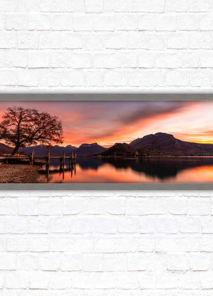 Sunset across the lake. Panoramic framed in a picture frame with choice of colours