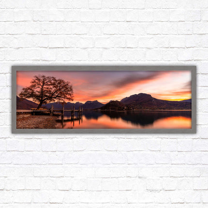 Sunset across the lake. Panoramic framed in a picture frame with choice of colours