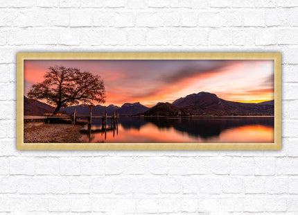 Sunset across the lake. Panoramic framed in a picture frame with choice of colours
