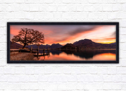Sunset across the lake. Panoramic framed in a picture frame with choice of colours