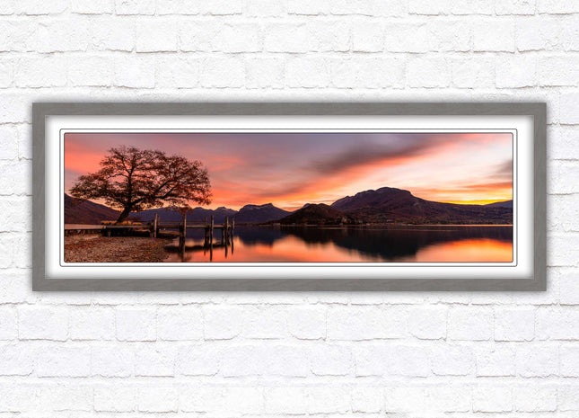 Sunset across the lake. Panoramic framed in a picture frame with choice of colours