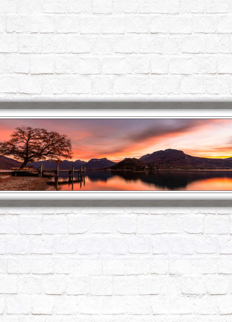 Sunset across the lake. Panoramic framed in a picture frame with choice of colours