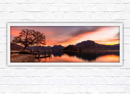 Sunset across the lake. Panoramic framed in a picture frame with choice of colours