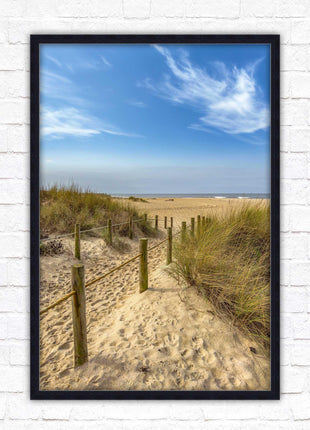 Beach path to the sea. Printed, Framed picture with choice of frame colours and options.