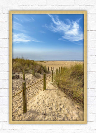 Beach path to the sea. Printed, Framed picture with choice of frame colours and options.
