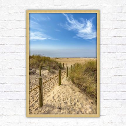 Beach path to the sea. Printed, Framed picture with choice of frame colours and options.