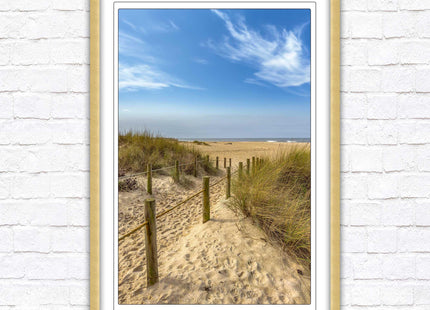 Beach path to the sea. Printed, Framed picture with choice of frame colours and options.