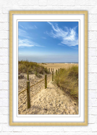 Beach path to the sea. Printed, Framed picture with choice of frame colours and options.