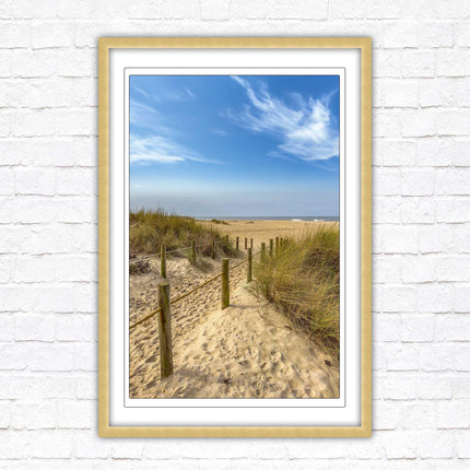 Beach path to the sea. Printed, Framed picture with choice of frame colours and options.
