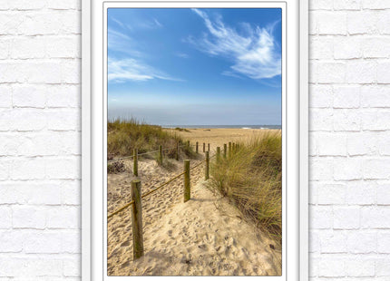 Beach path to the sea. Printed, Framed picture with choice of frame colours and options.
